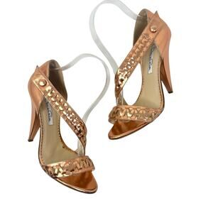 Oscar de la Renta High Heel Sandals Leather Braided Metallic Rose Gold 37 US‎ 7